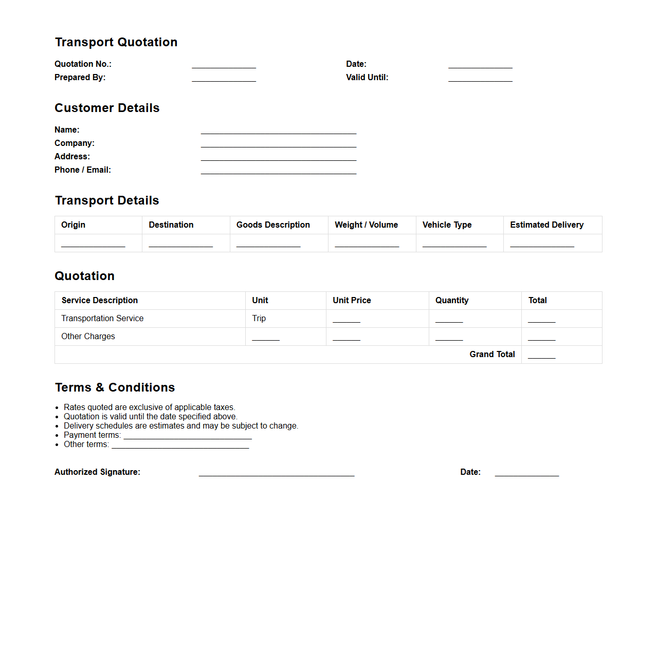 Simple Transport Quotation Template for Logistics
