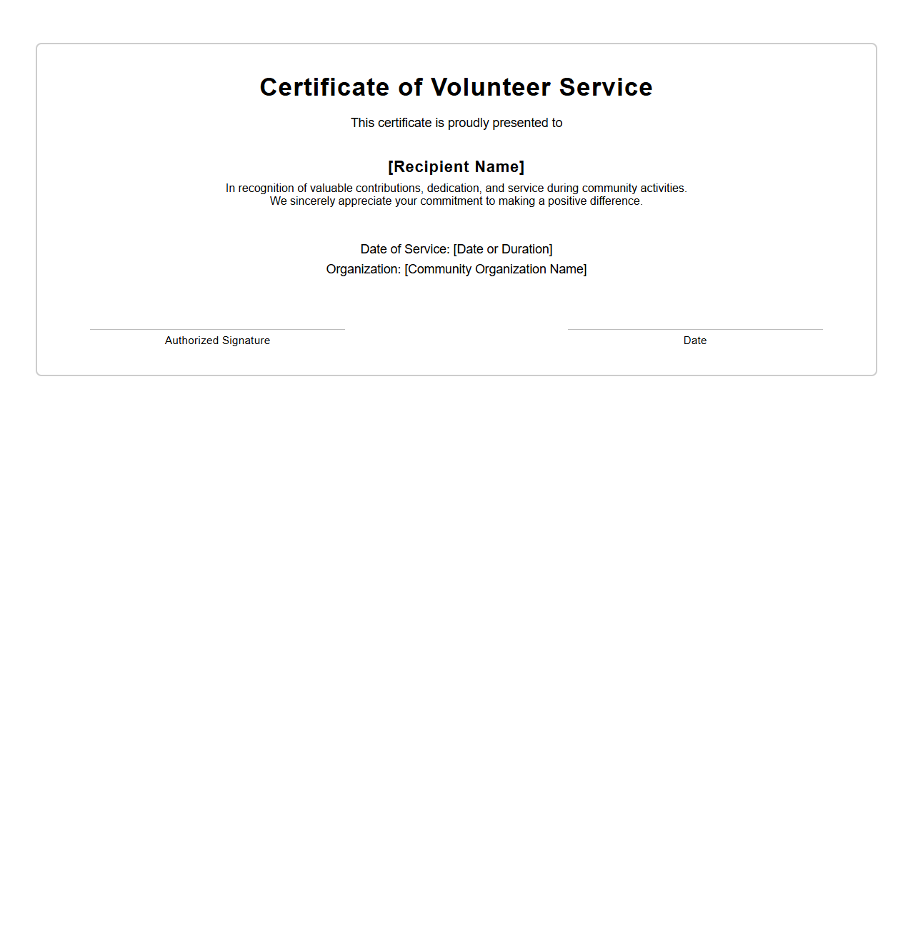Simple Volunteer Certificate Template for Community Service