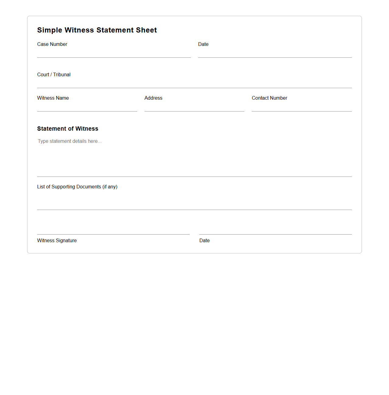 Simple Witness Statement Sheet for Judicial Matters
