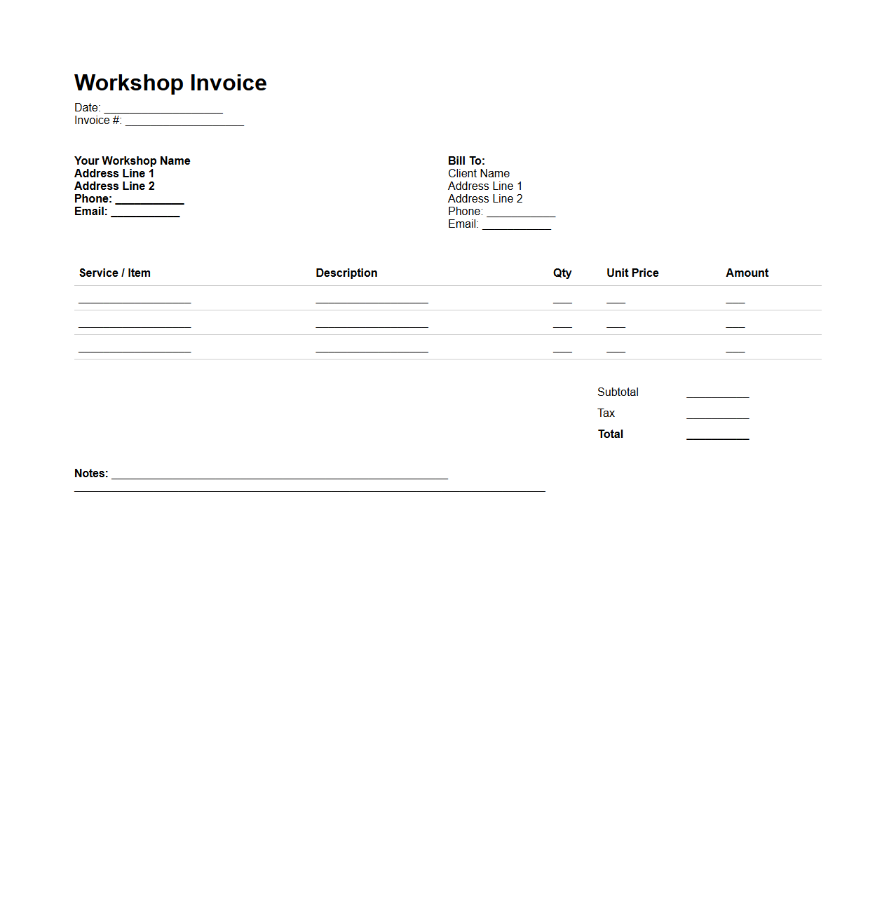 Simple Workshop Invoice Template