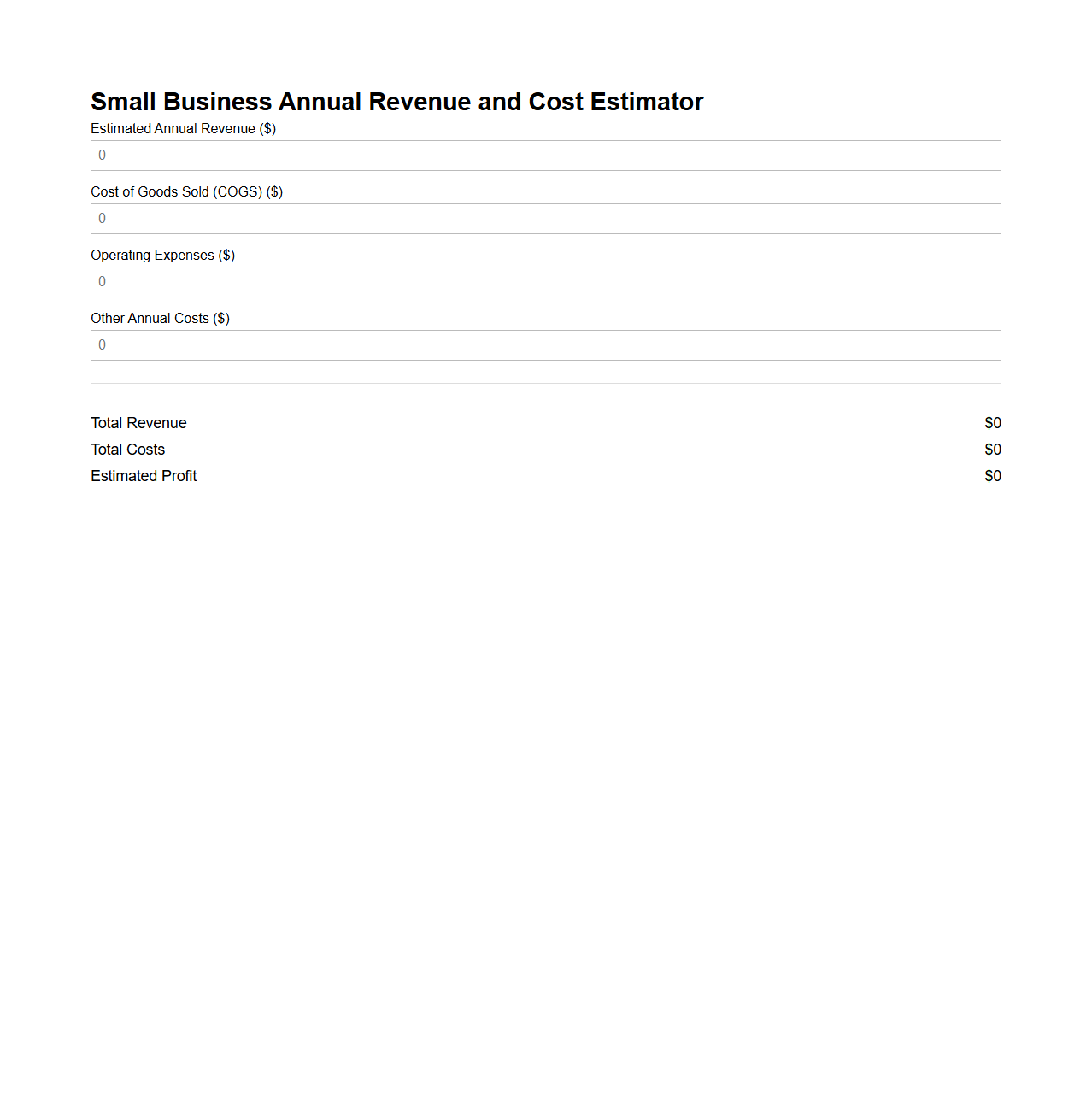 Small Business Annual Revenue and Cost Estimator