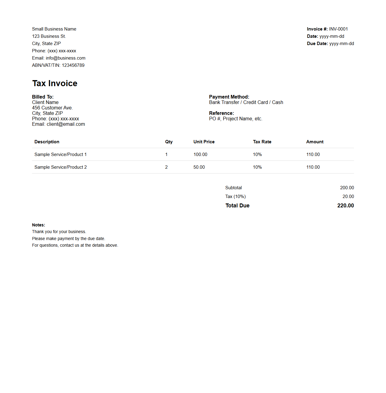 Small Business Tax Invoice Sheet