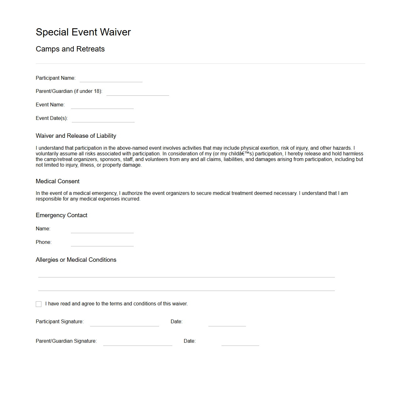Special Event Waiver for Camps and Retreats