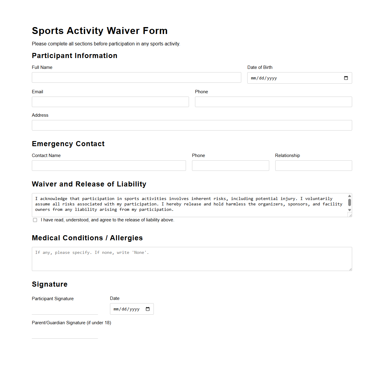 Sports Activity Waiver Form Template