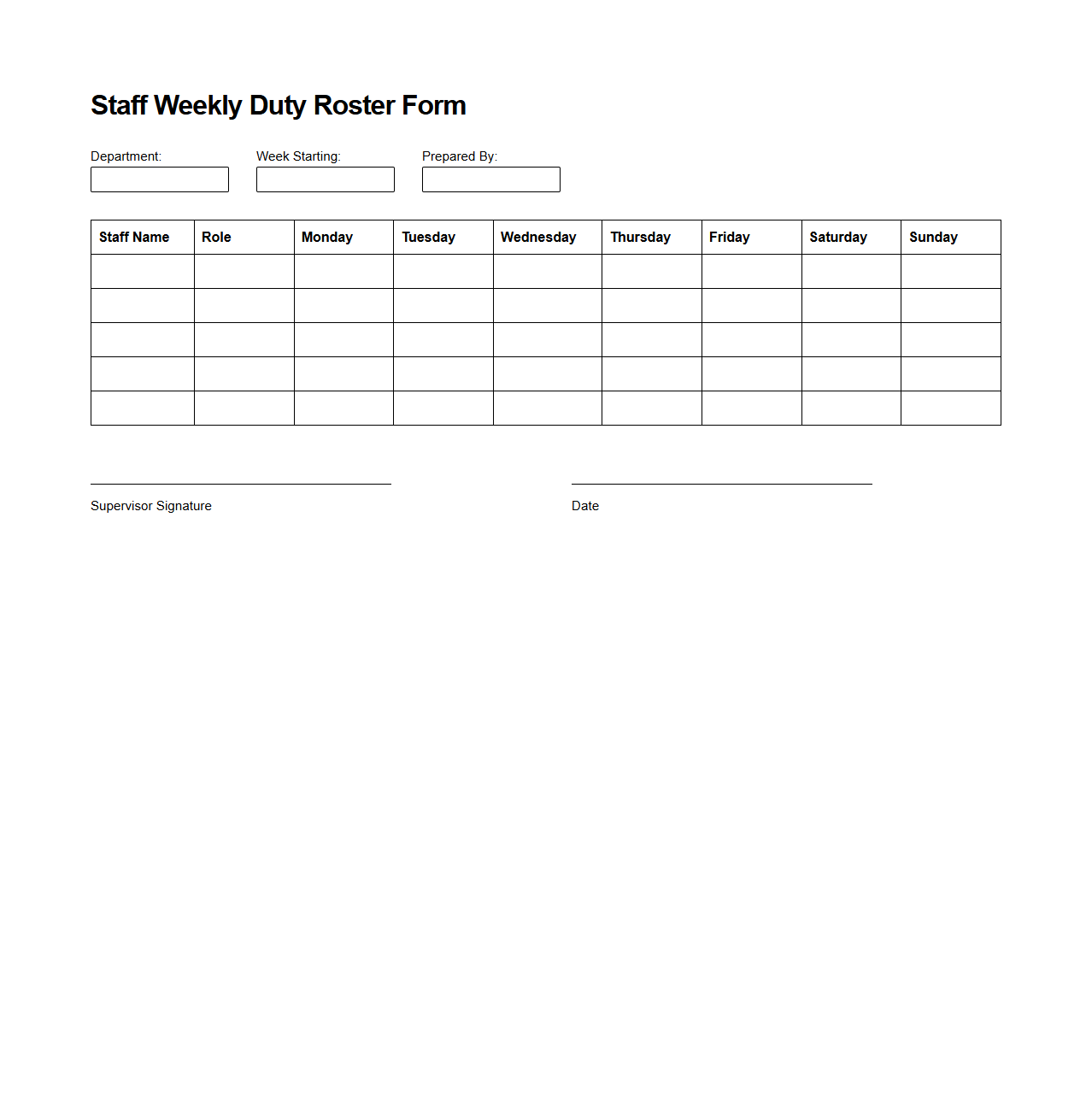 Staff Weekly Duty Roster Form