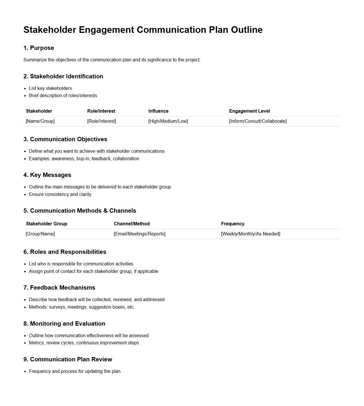 Stakeholder Engagement Communication Plan Outline