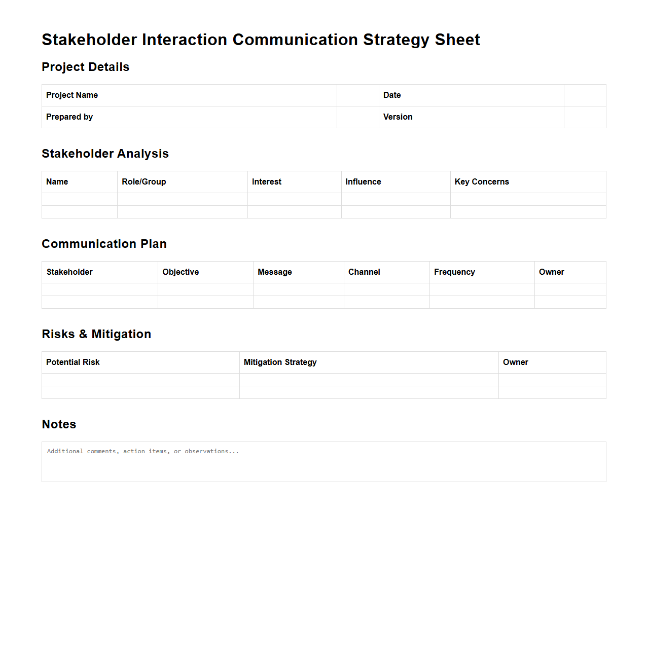 Stakeholder Interaction Communication Strategy Sheet