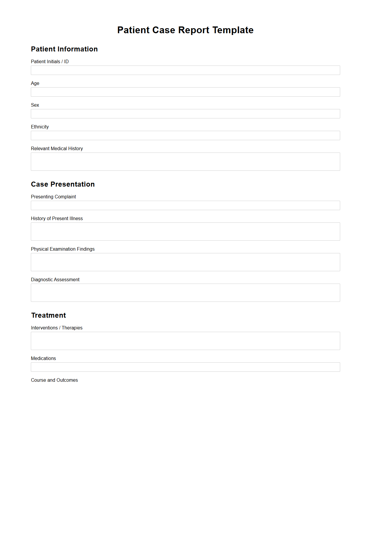 Standard Blank Patient Case Report Template