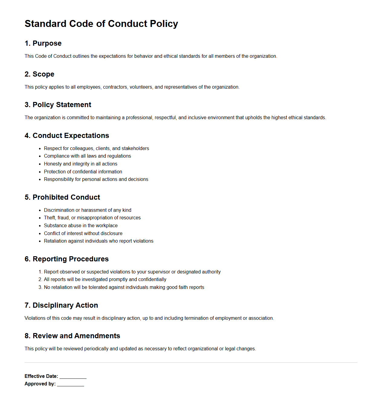 Standard Code of Conduct Policy Structure