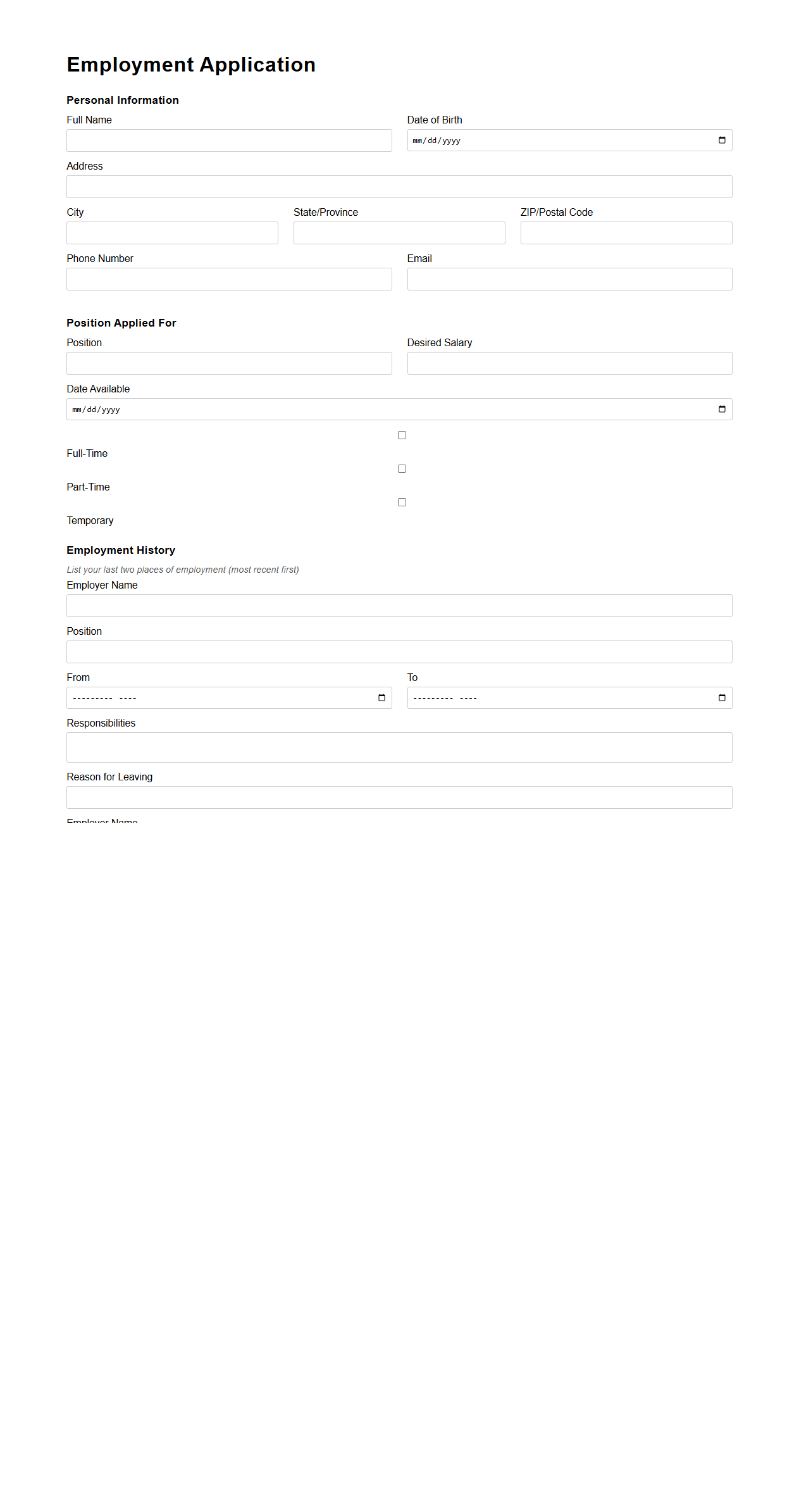Standard Employment Application Document Template