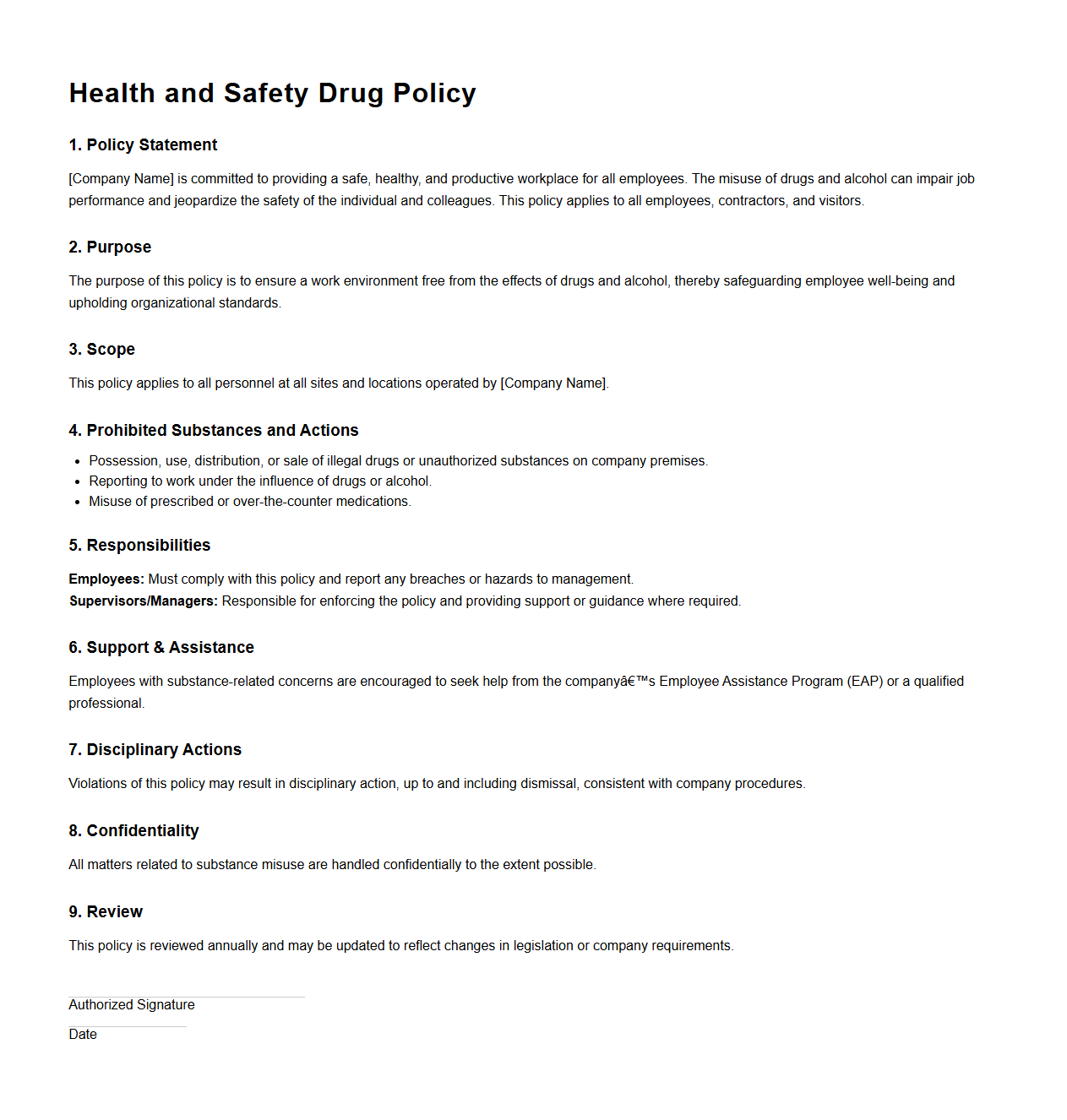 Standard Health and Safety Drug Policy Format