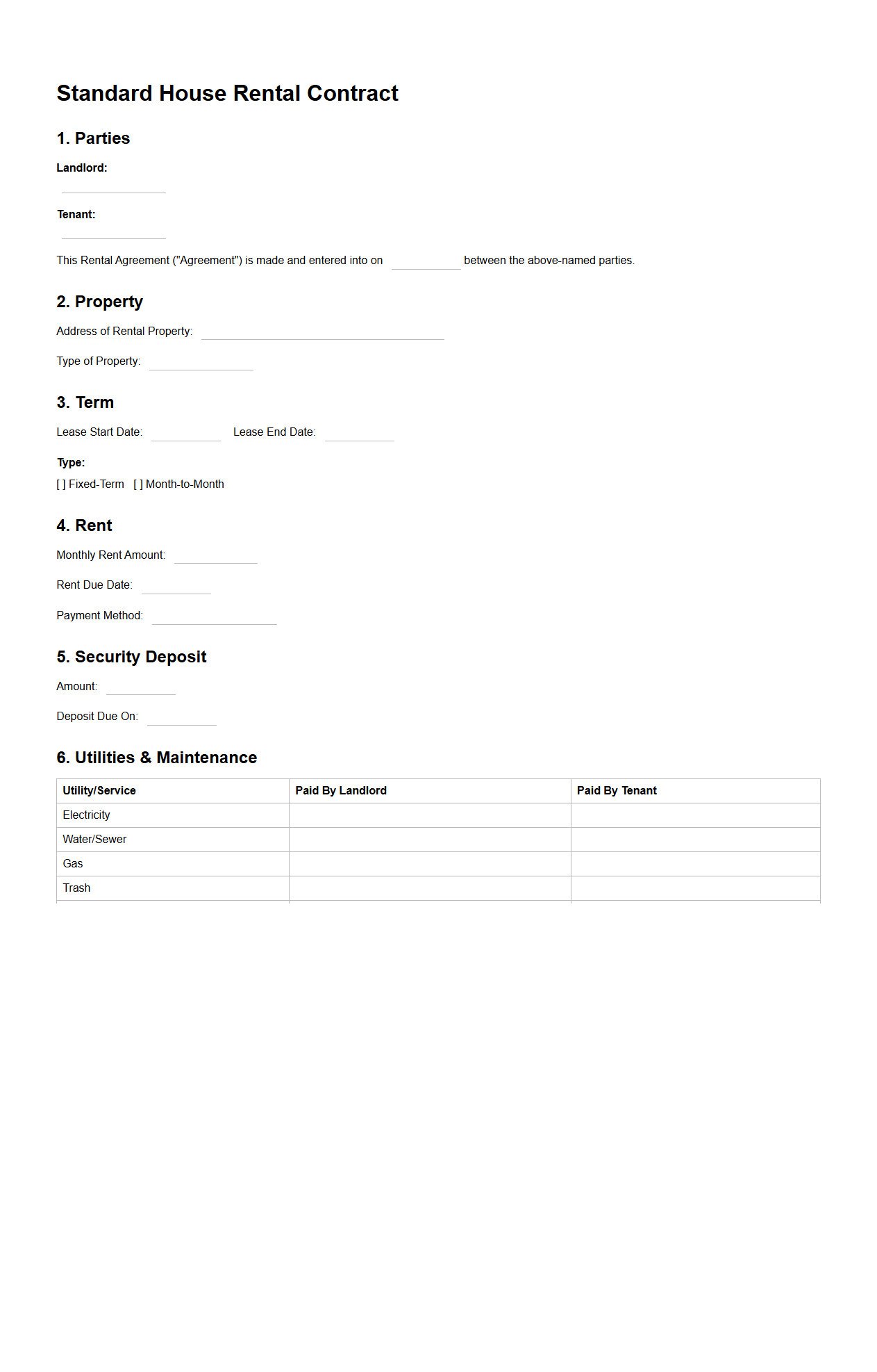 Standard House Rental Contract Template