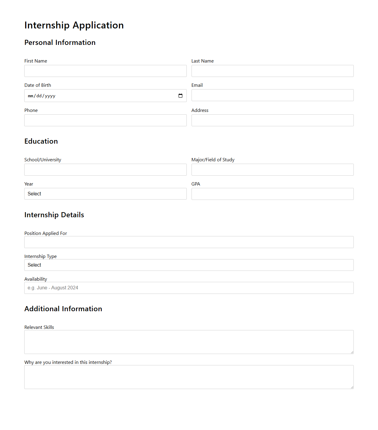 Standard Internship Application Page for Students