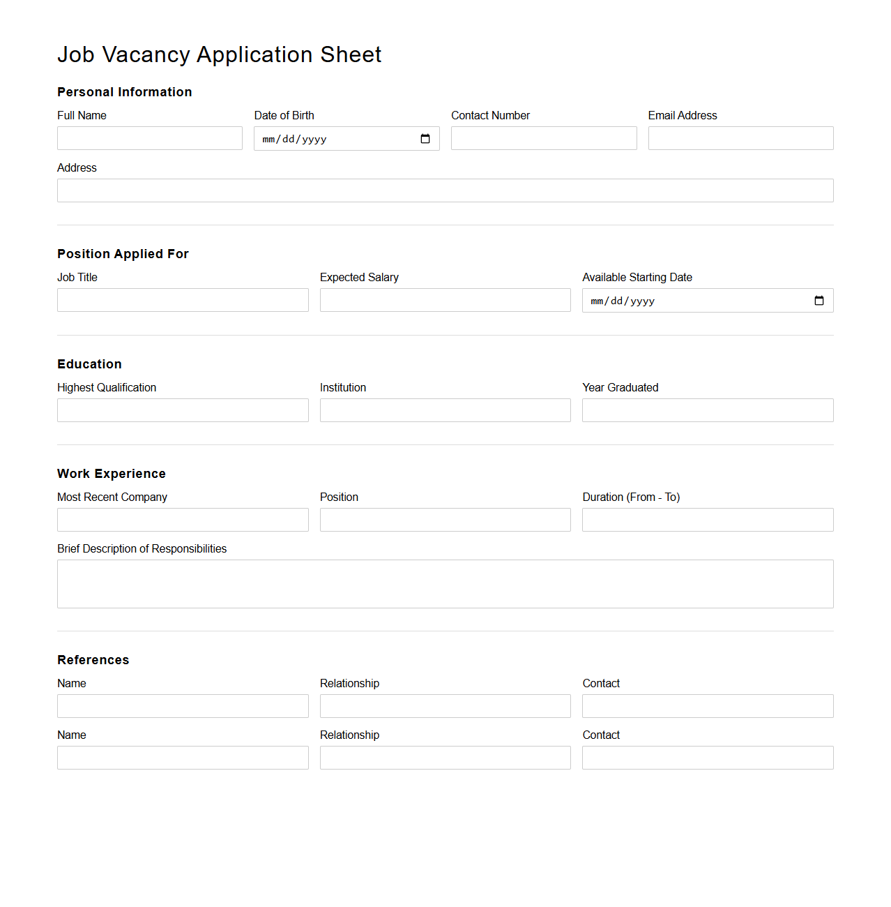 Standard Job Vacancy Application Sheet