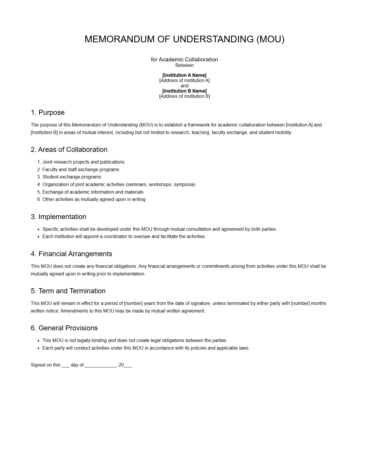 Standard MOU Draft for Academic Collaborations