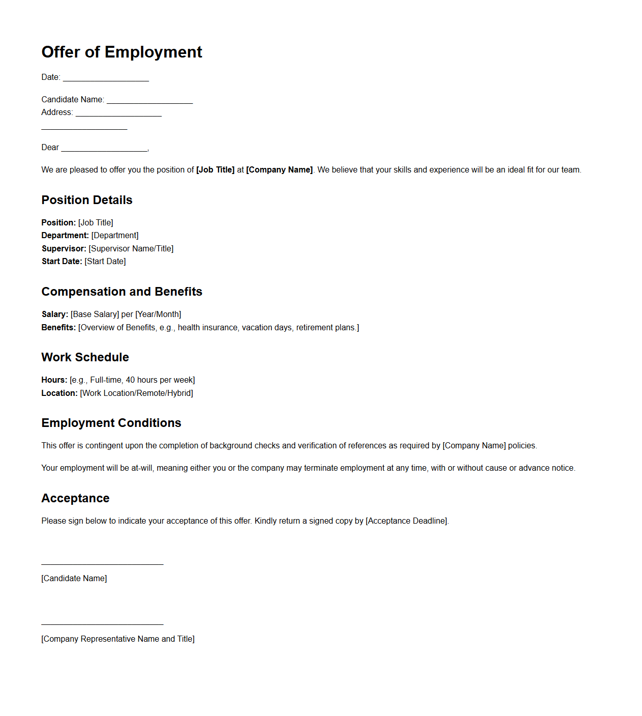 Standard Offer Letter Framework for New Hires