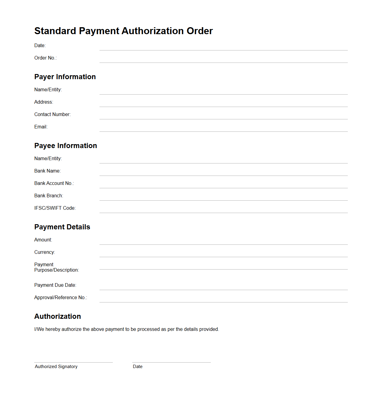 Standard Payment Authorization Order Template
