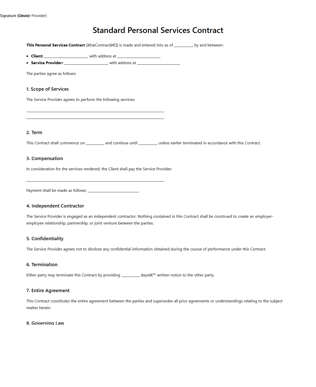 Standard Personal Services Contract Example