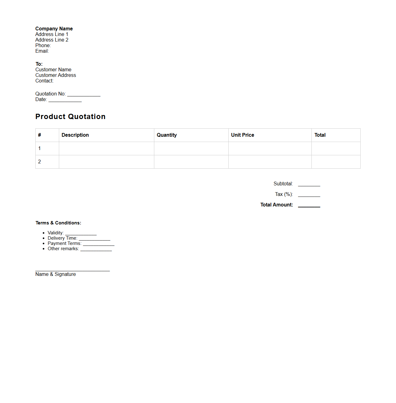 Standard Product Quotation Format