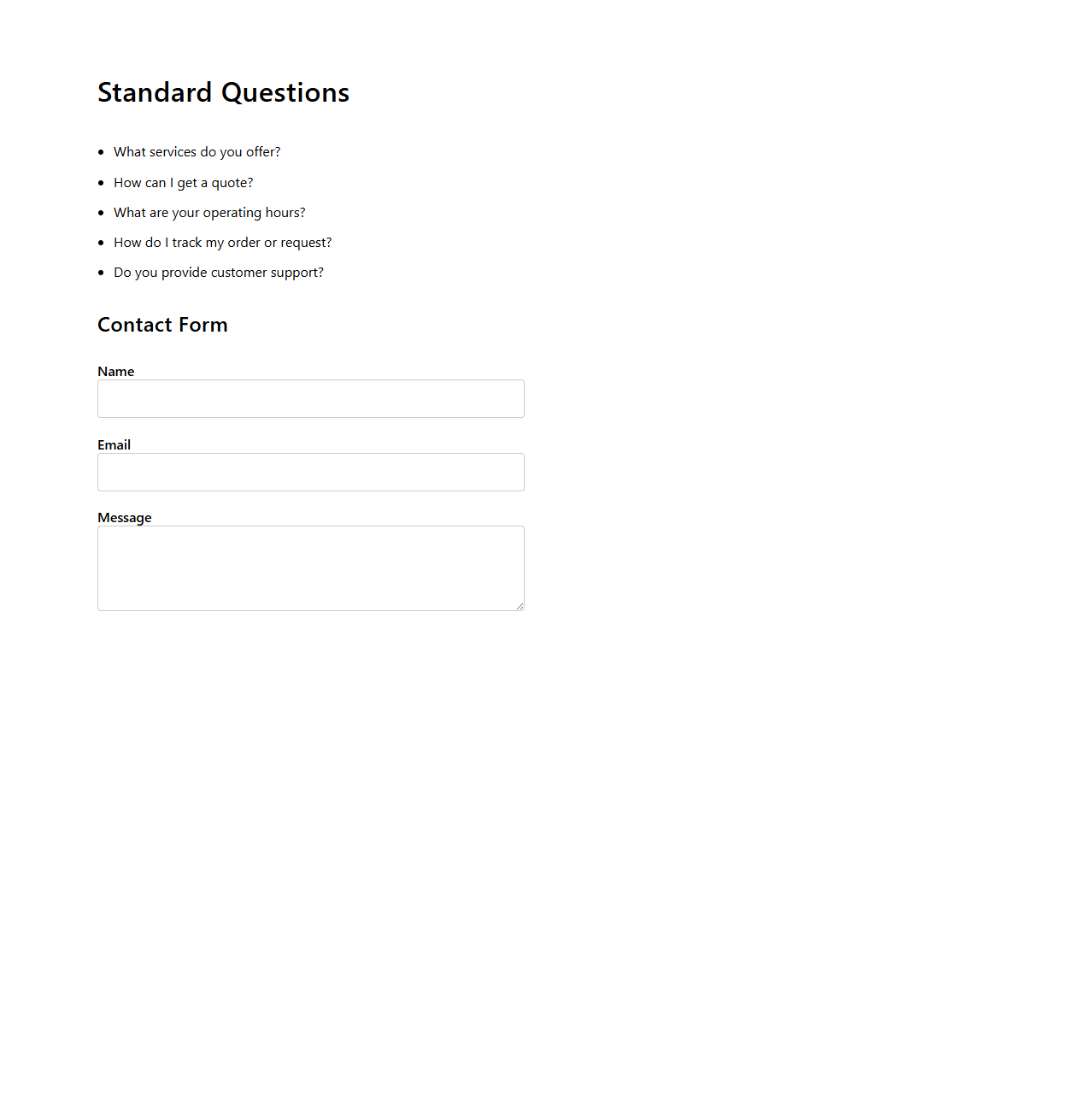 Standard Questions and Contact Form
