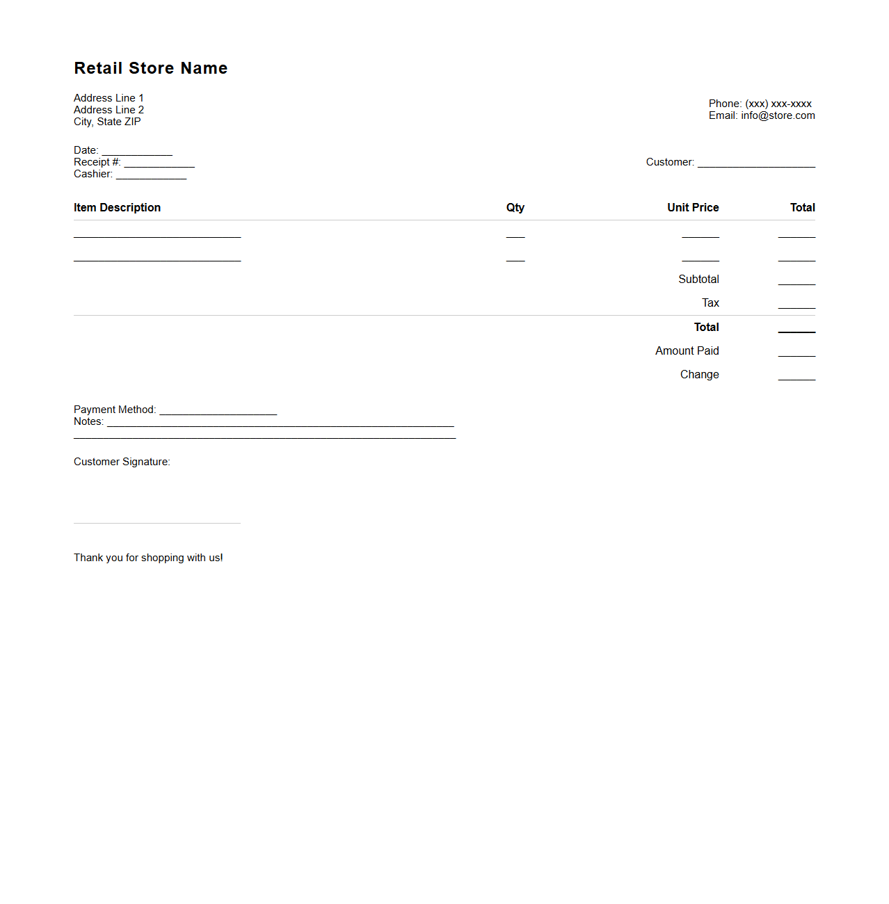 Standard Retail Sales Receipt Outline