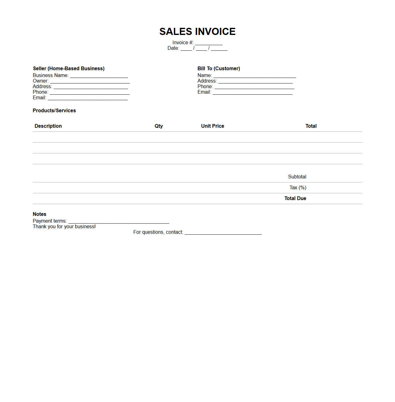 Standard Sales Invoice Example for Home-Based Businesses