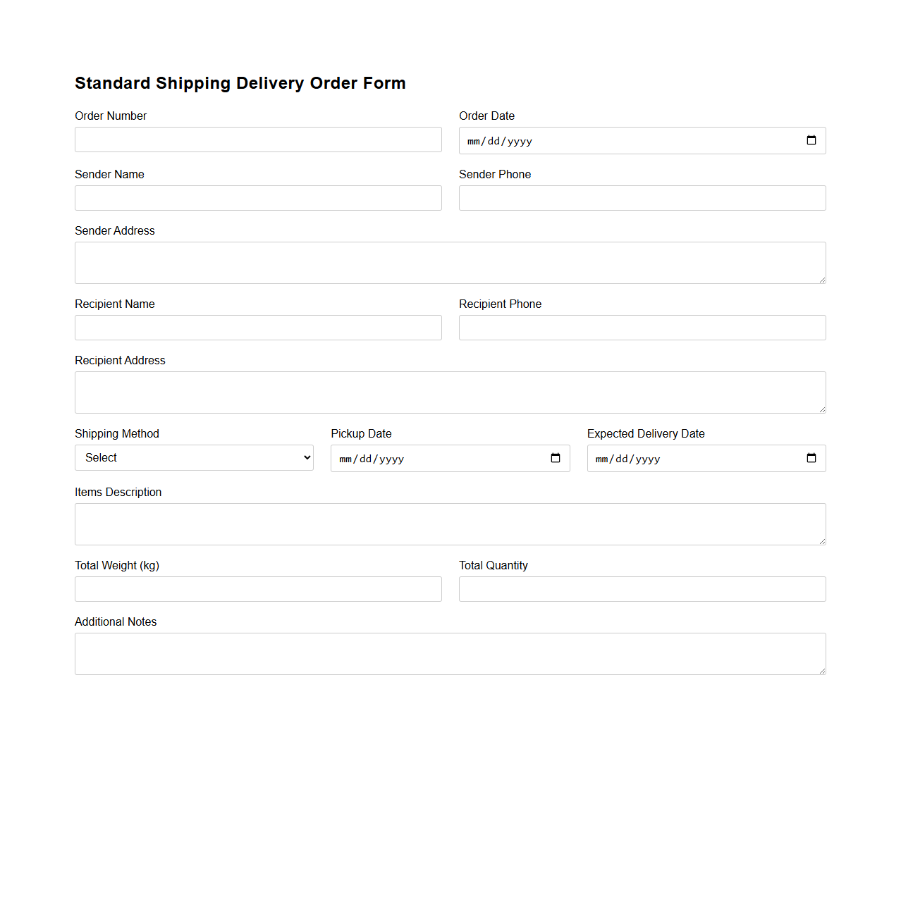 Standard Shipping Delivery Order Form