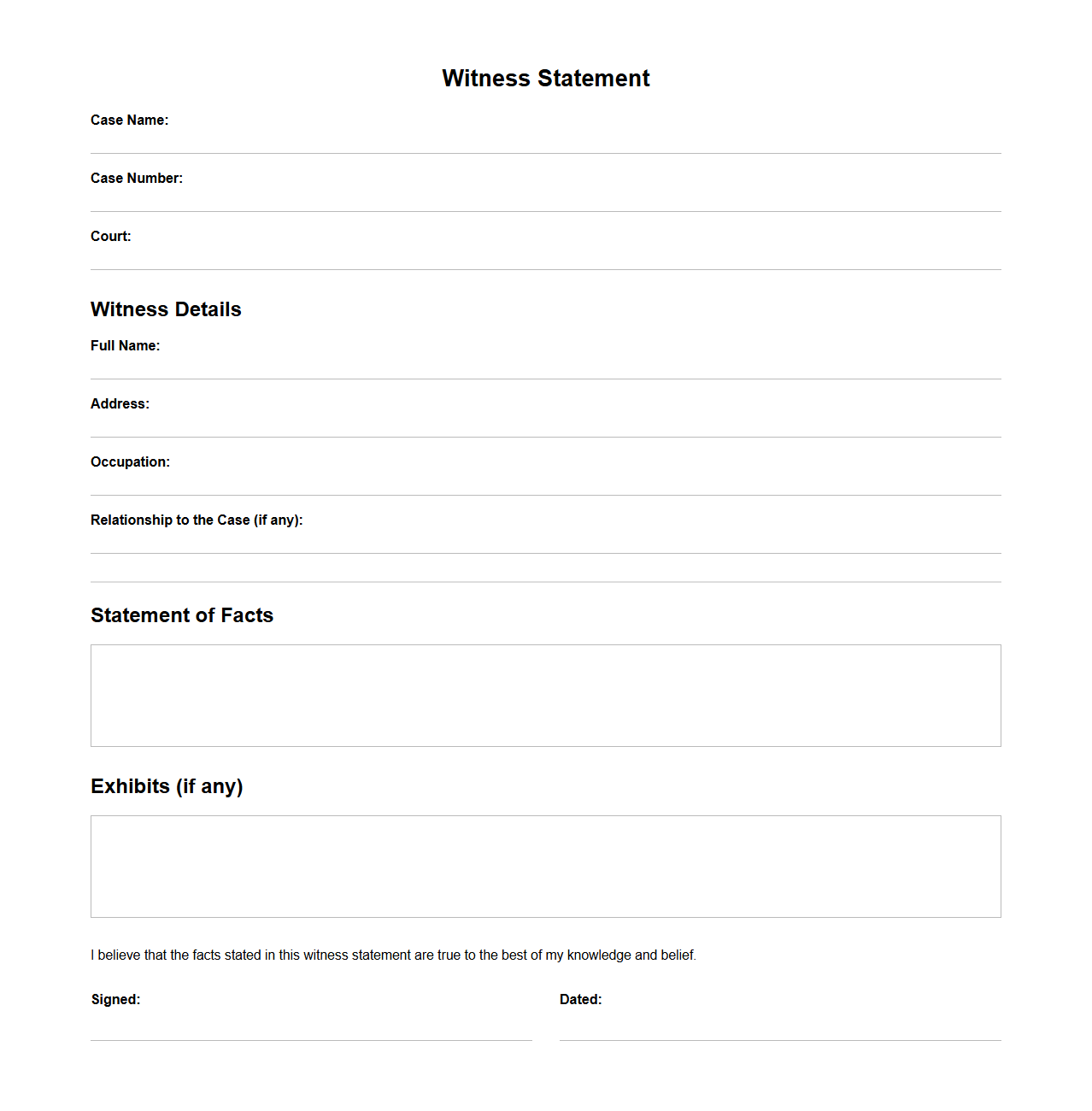 Standard Witness Statement Template for Legal Cases