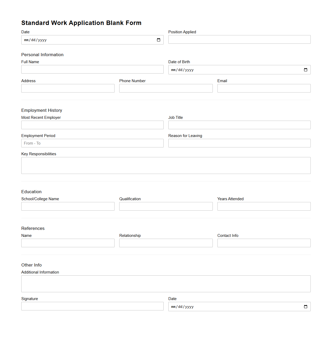 Standard Work Application Blank Form