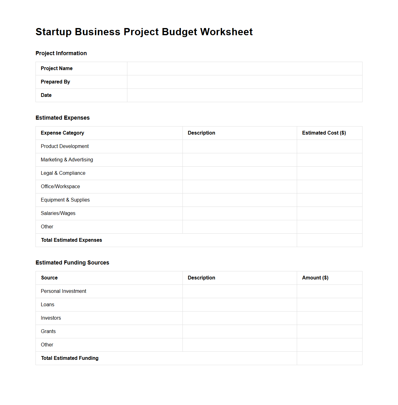 Startup Business Project Budget Worksheet