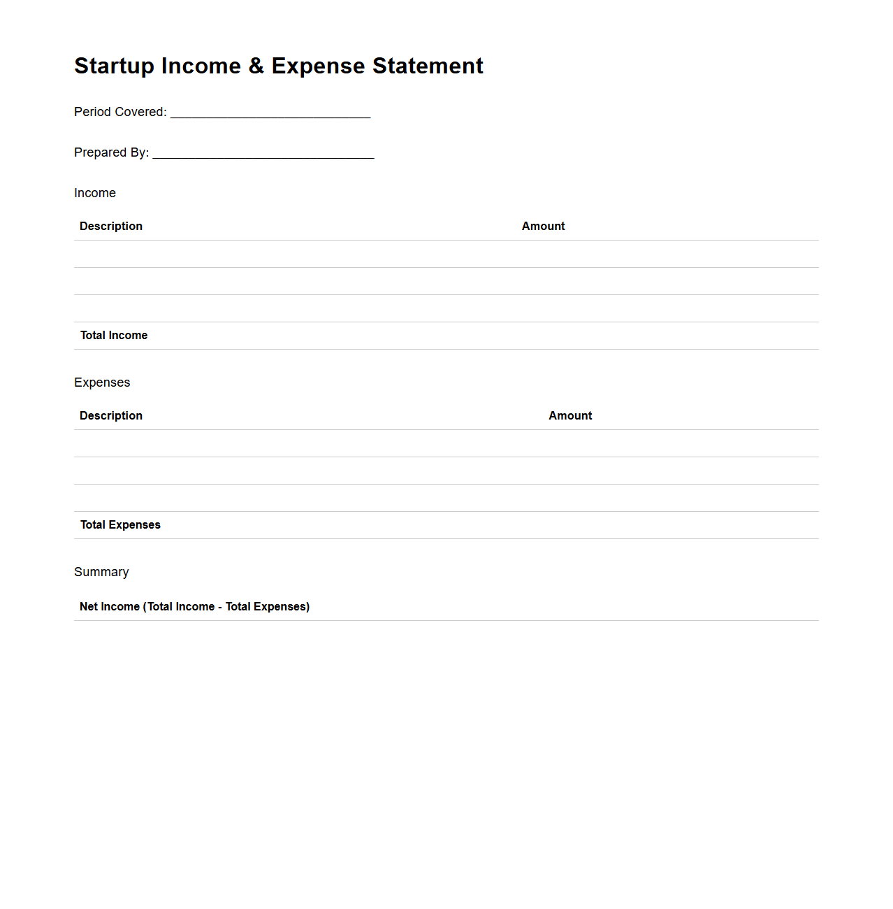Startup Income and Expense Statement Template