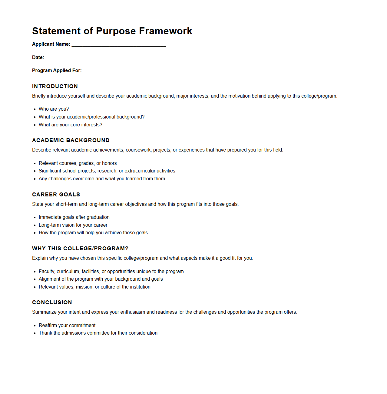 Statement of Purpose Framework for College Admissions