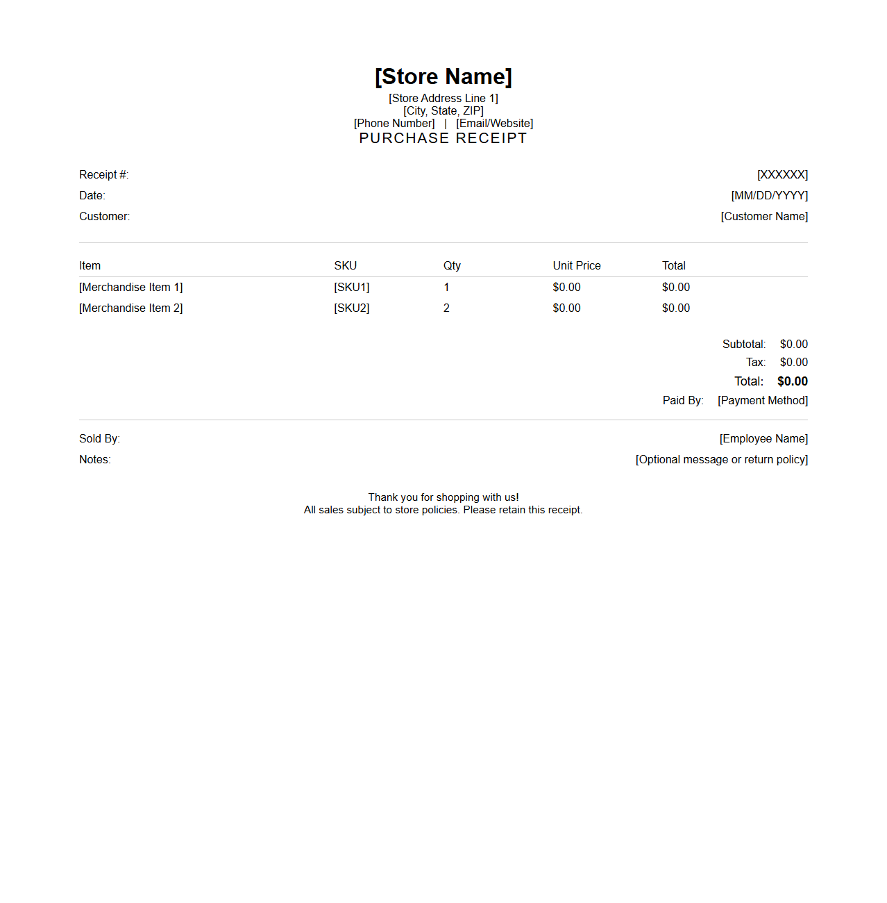 Storefront Merchandise Purchase Receipt Template