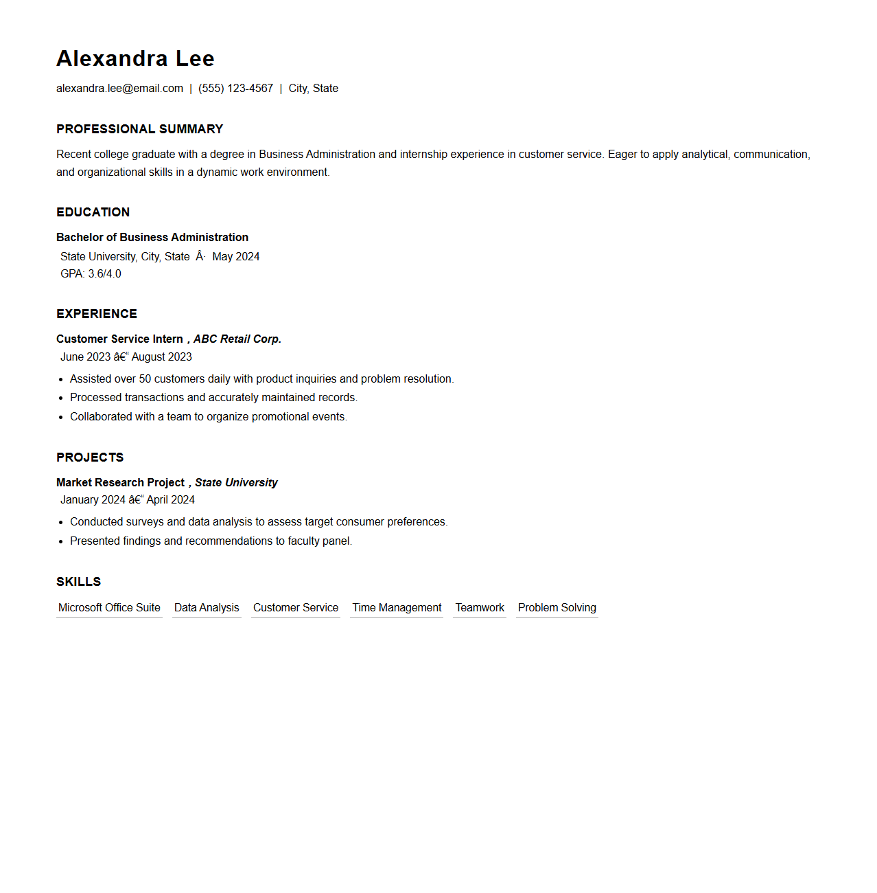 Straightforward First Job Resume Template for Graduates