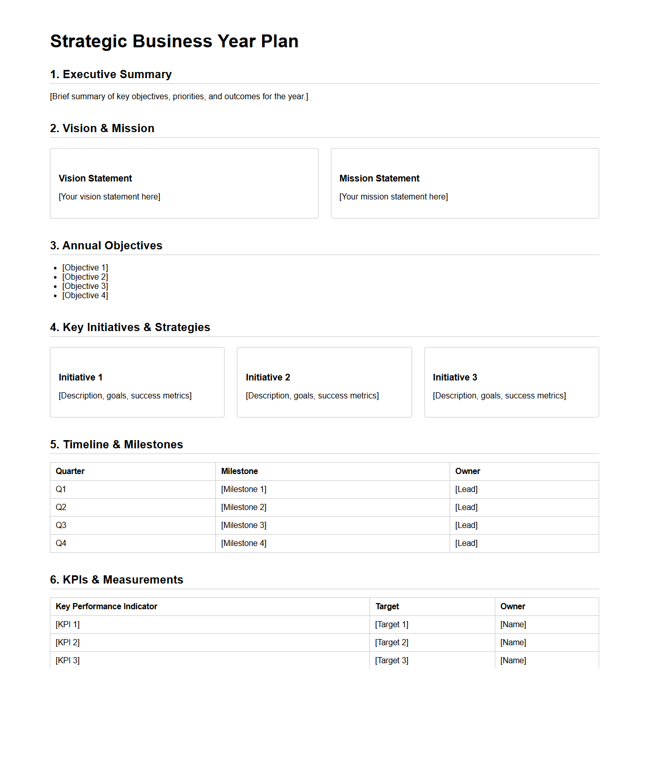 Strategic Business Year Plan Layout