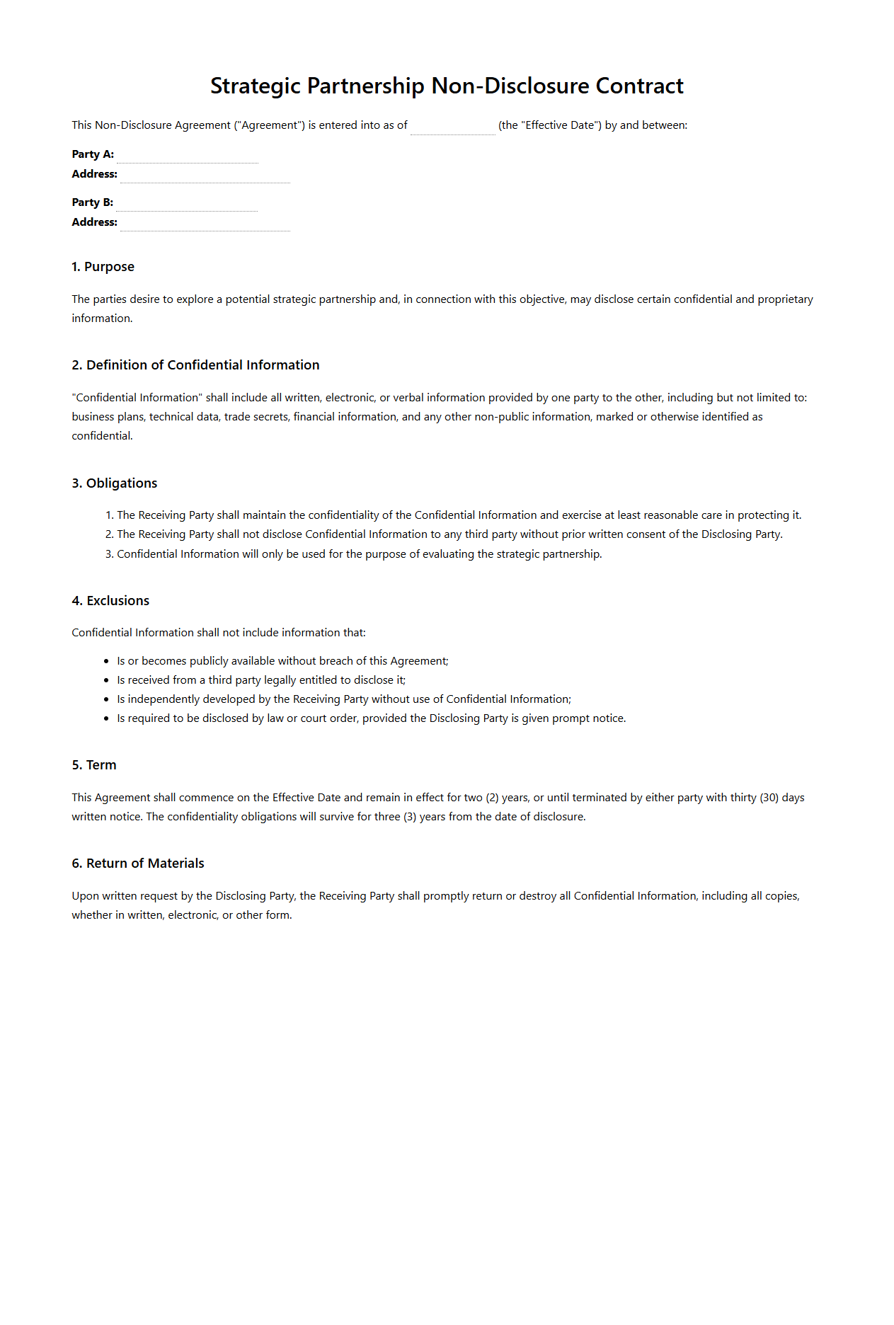 Strategic Partnership Non-Disclosure Contract Template