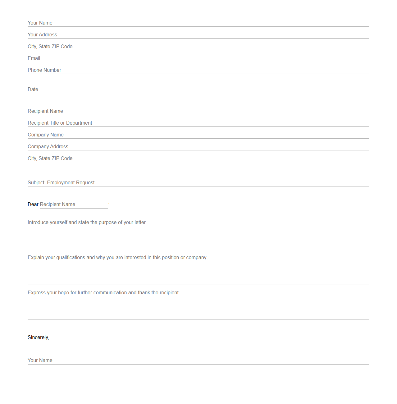 Structured Blank Letter for Employment Requests