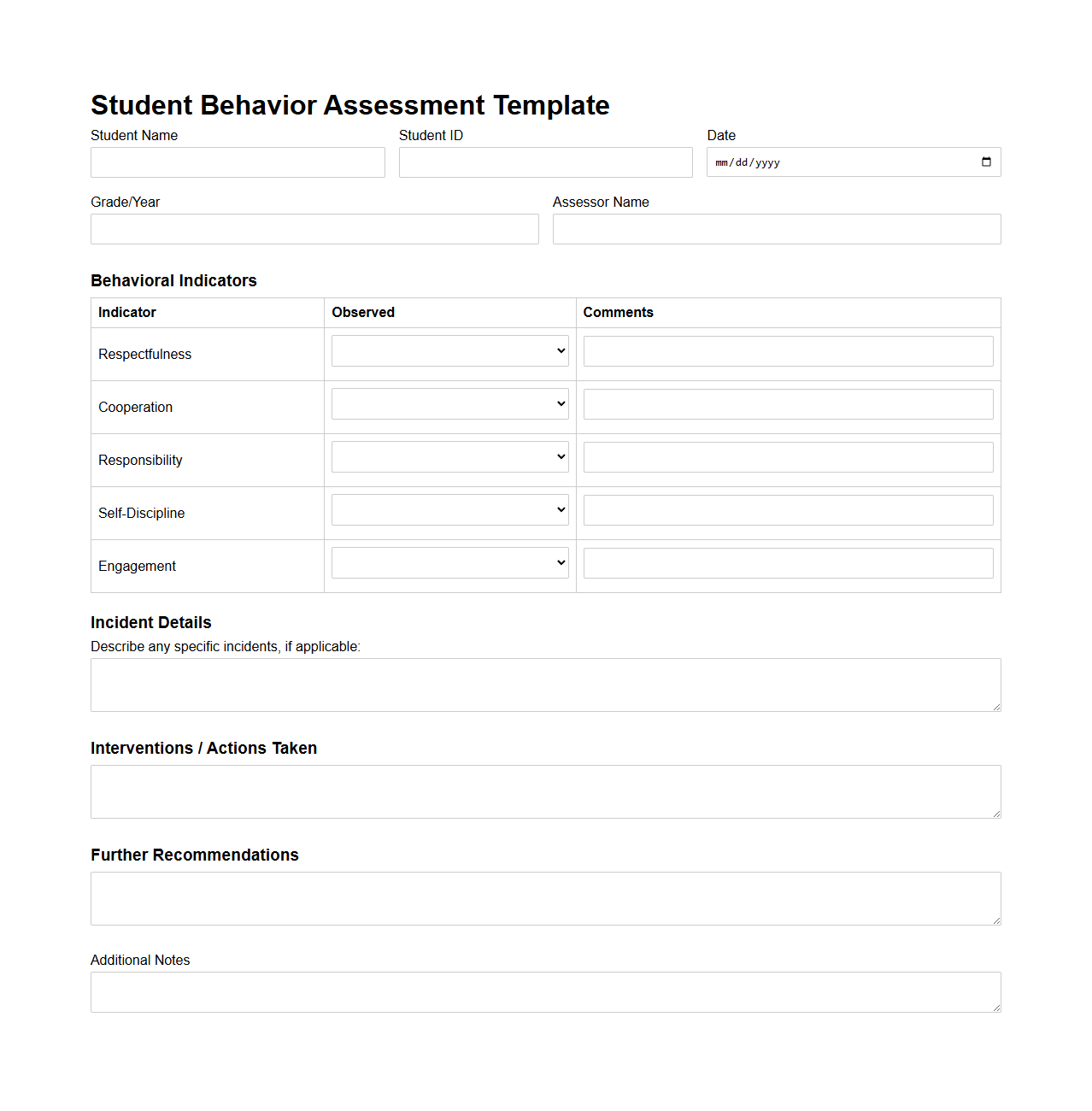 Student Behavior Assessment Template