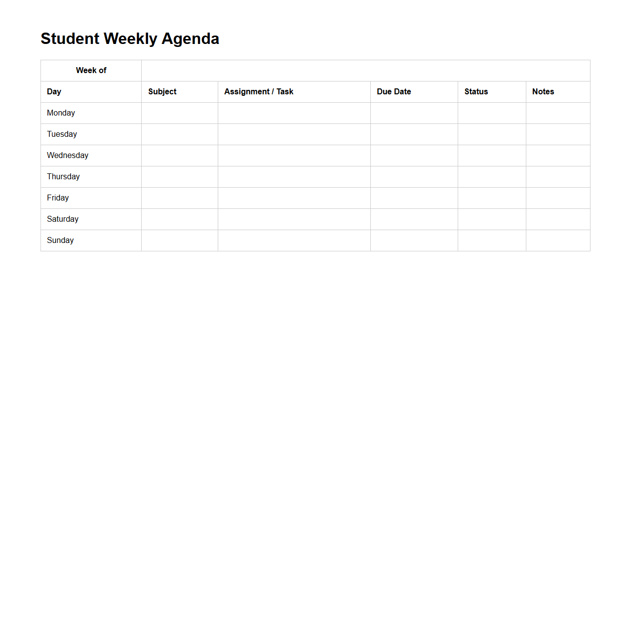 Student Weekly Agenda Layout for Assignments