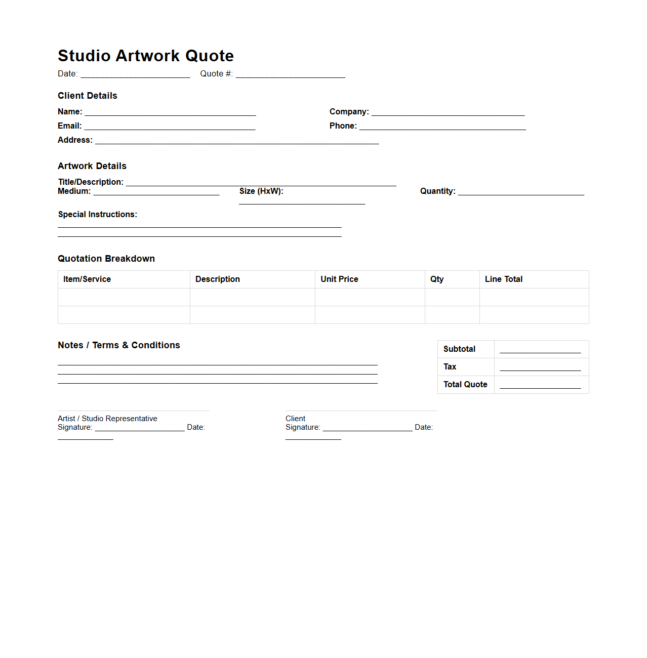 Studio Artwork Quote Template