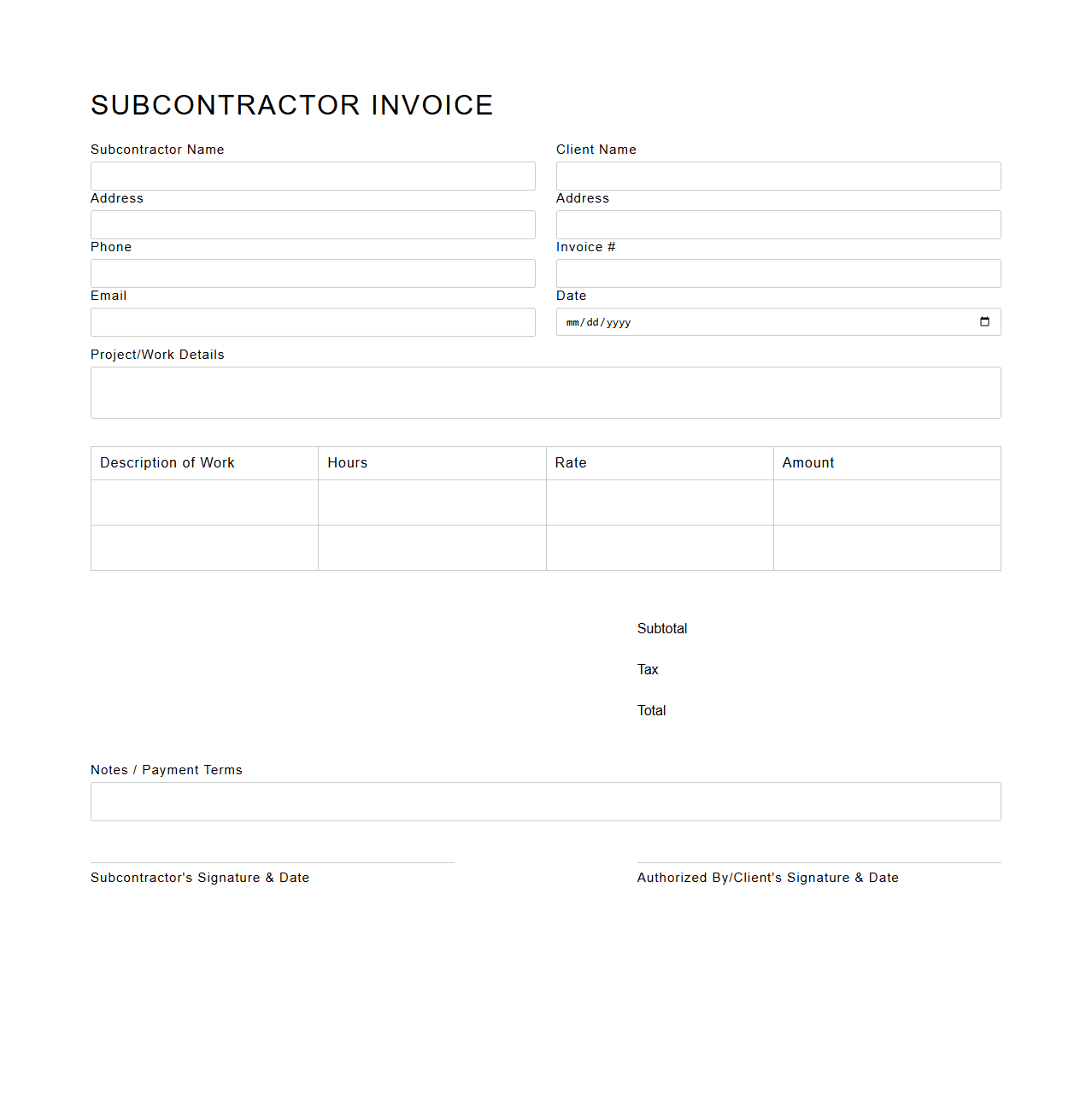 Subcontractor Invoice Template