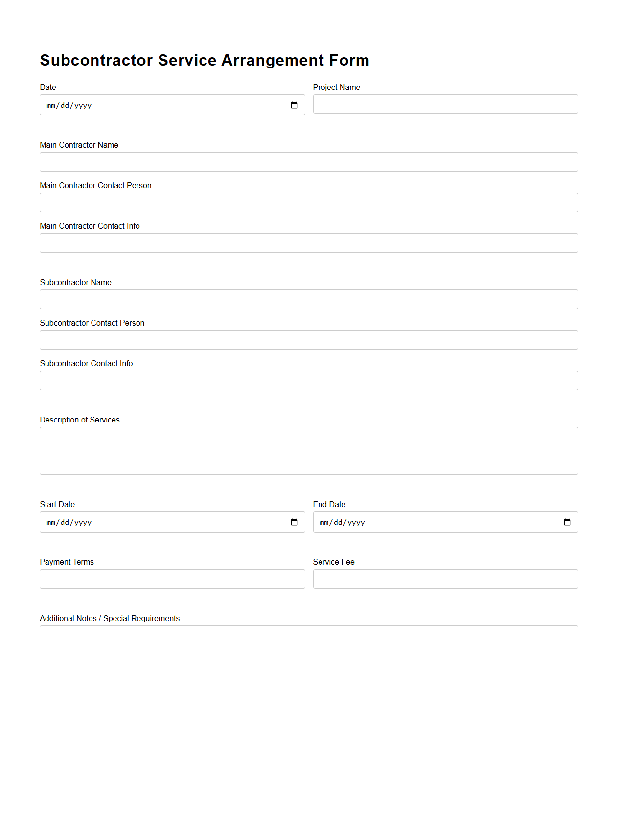 Subcontractor Service Arrangement Form