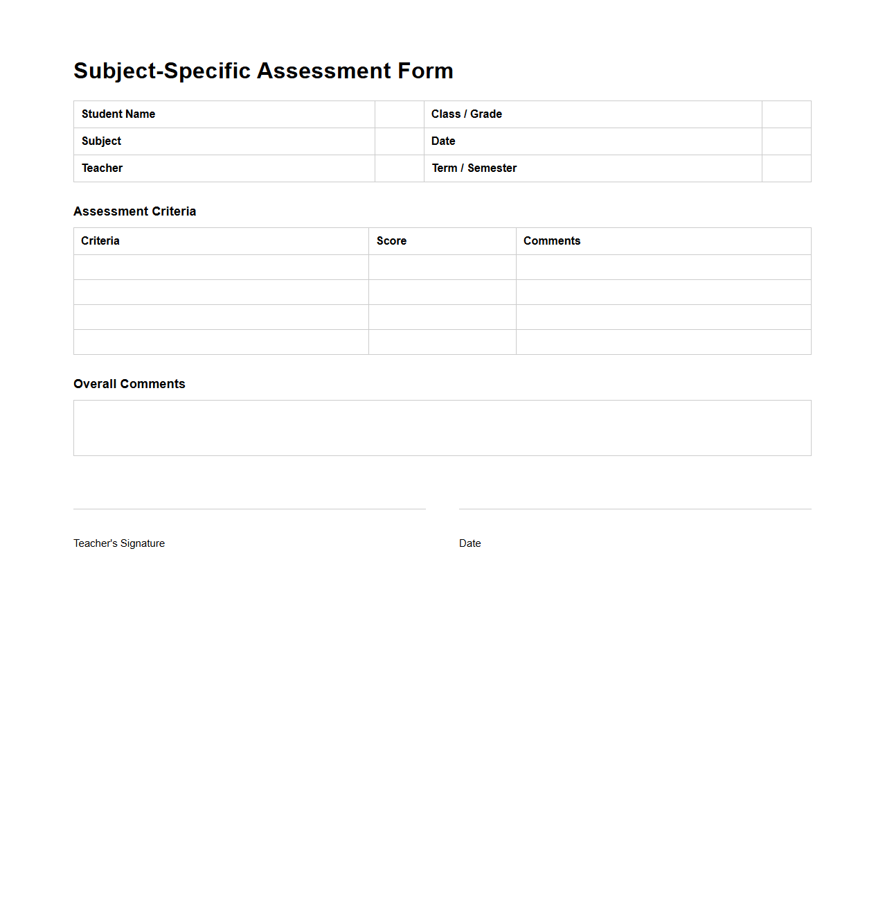 Subject-Specific Assessment Form for Students
