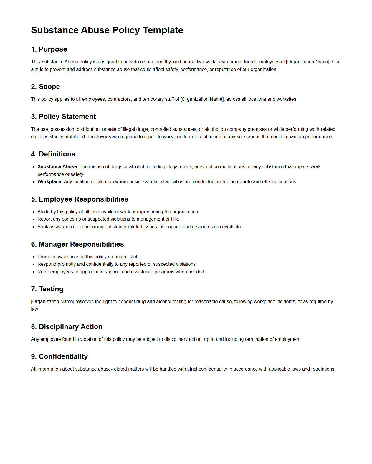 Substance Abuse Policy Template for Organizations
