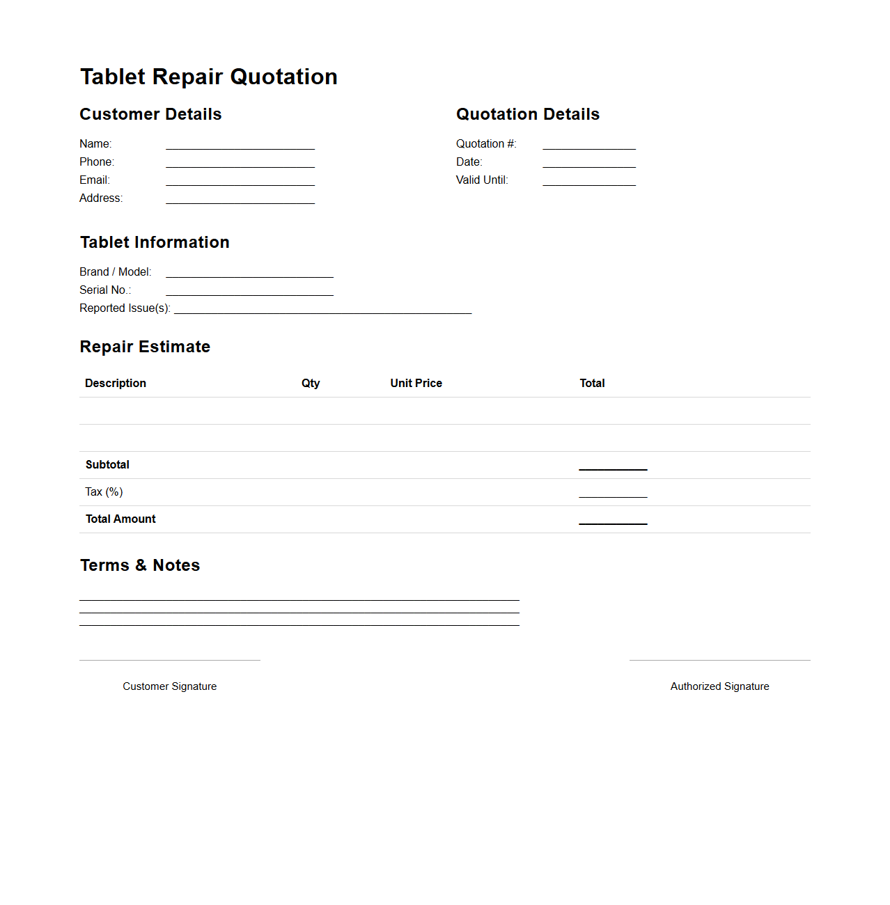 Tablet Repair Quotation Template