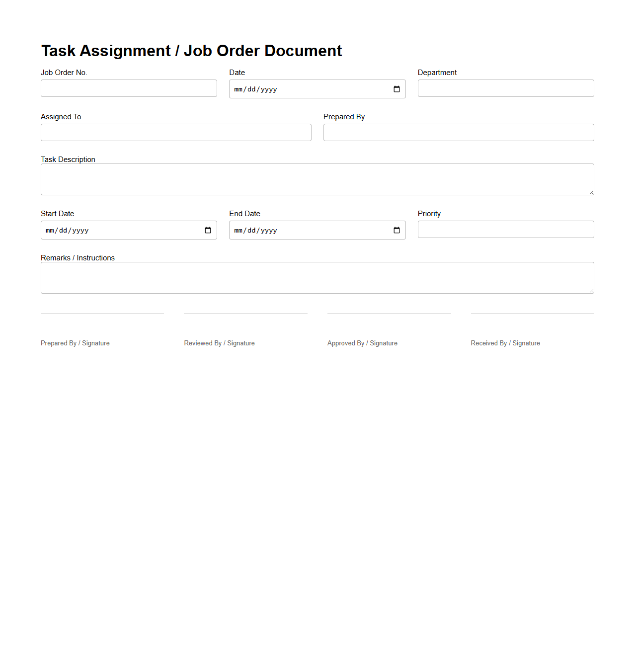 Task Assignment Job Order Document