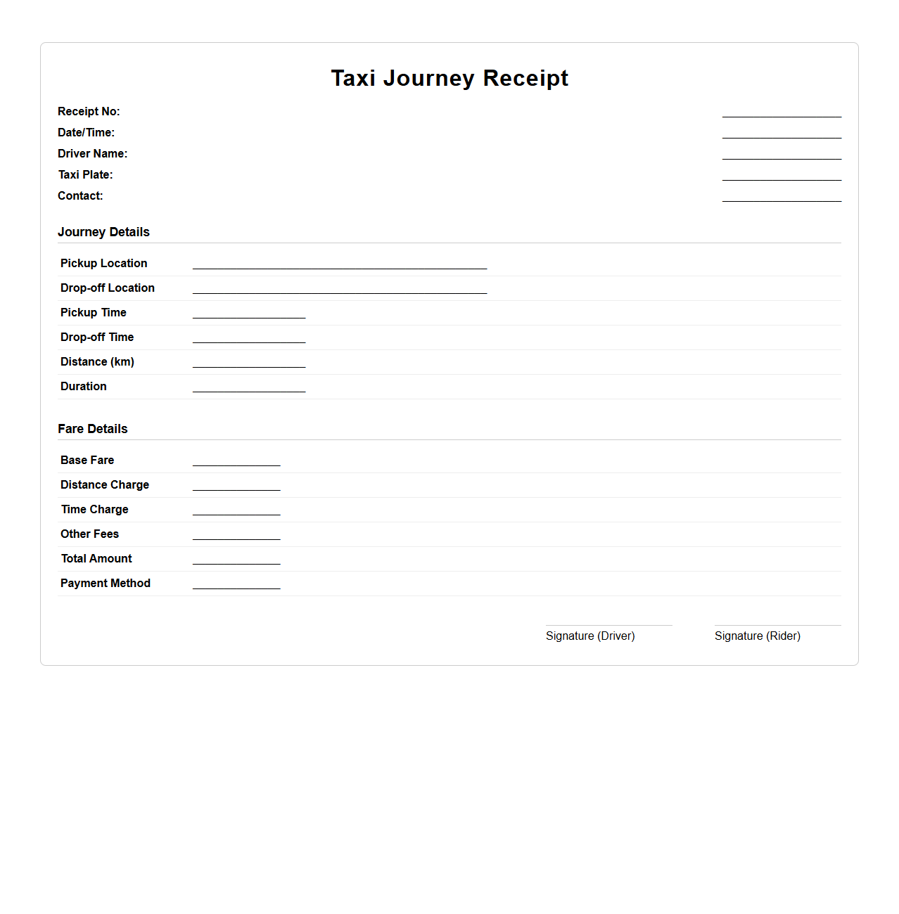 Taxi Journey Receipt Format