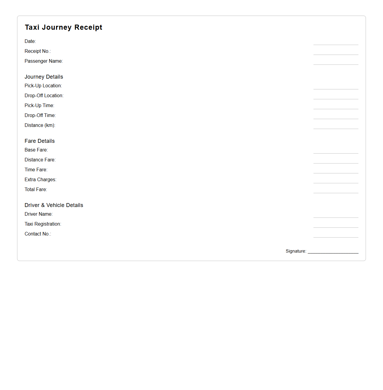 Taxi Journey Receipt Template for Personal Use