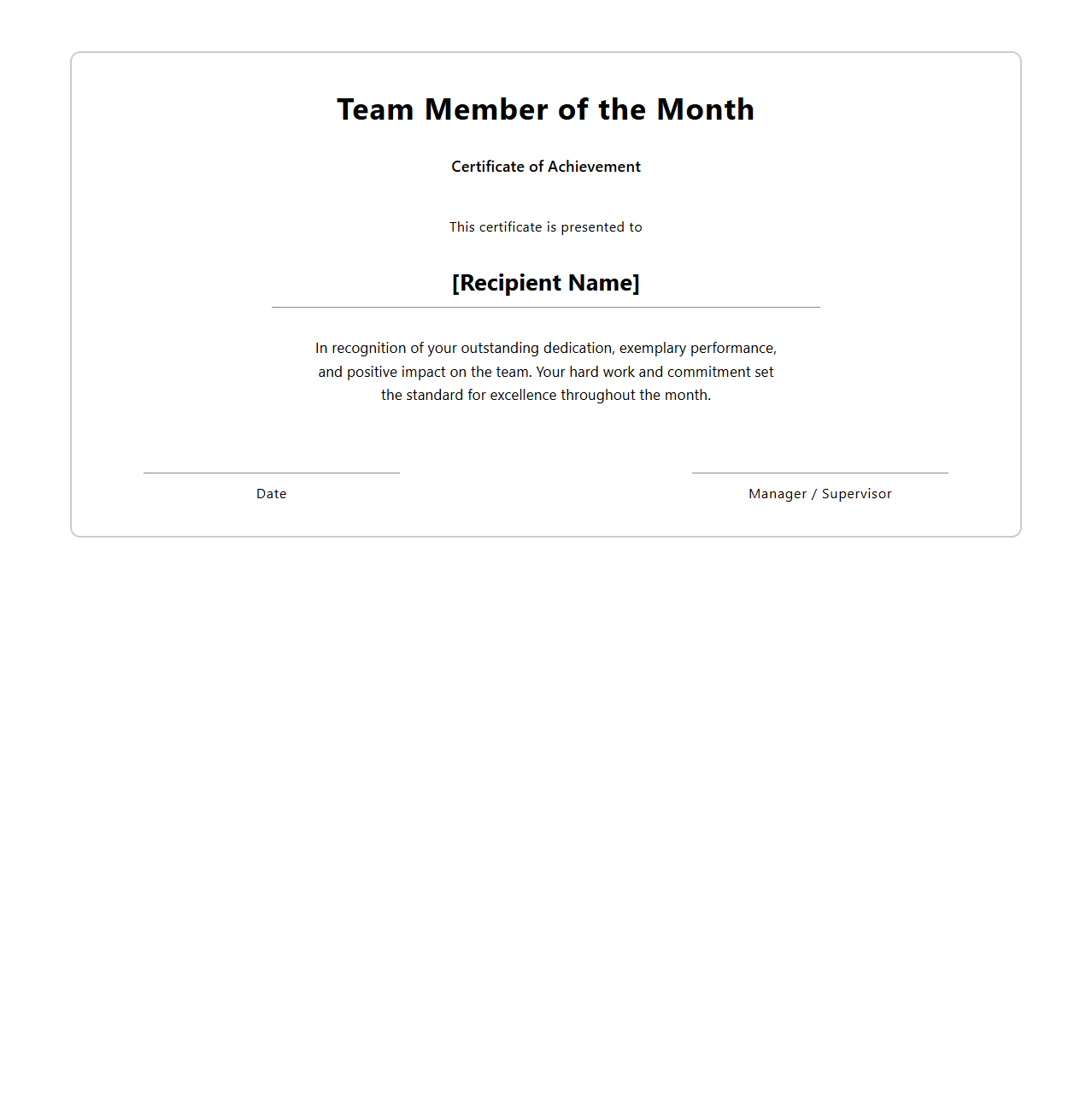 Team Member of the Month Certificate Sample