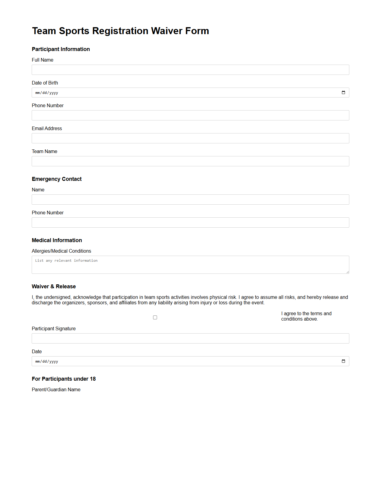 Team Sports Registration Waiver Form